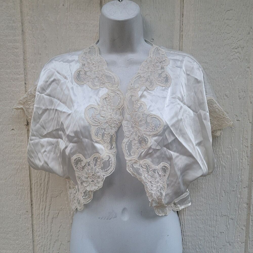Vtg Y2K White Crop Lace Detail Cardigan Bolero Romantic 90s Sz L/XL